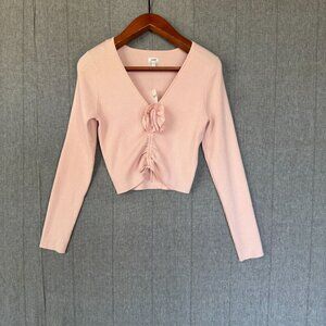 Aerie AE Pink Ribbed Knit Rosette V Neck Long Sleeve Ruche Tie Crop Sweater